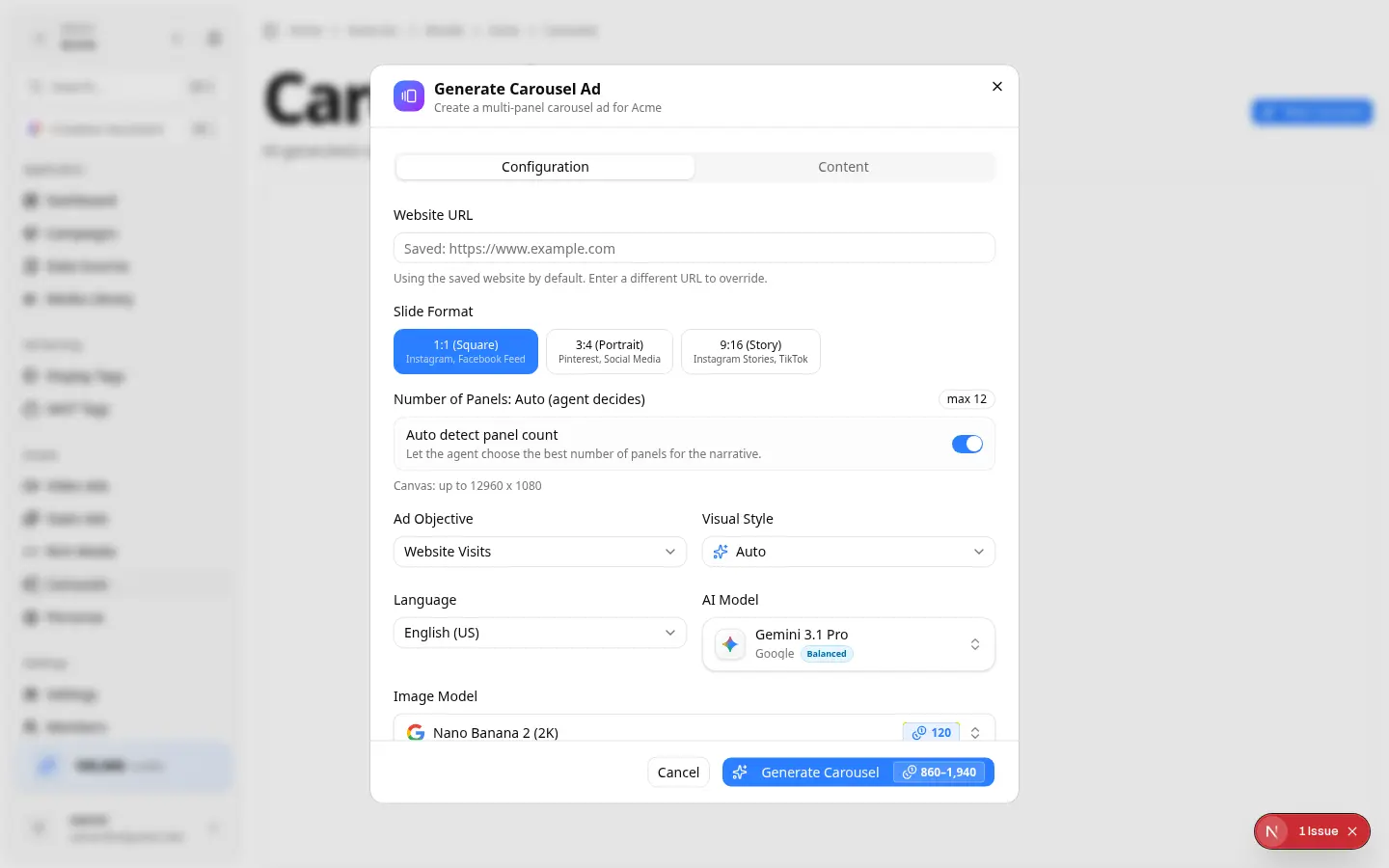 Brand Generate Carousel Ad dialog Generate Carousel Ad dialog with slide format and panel count