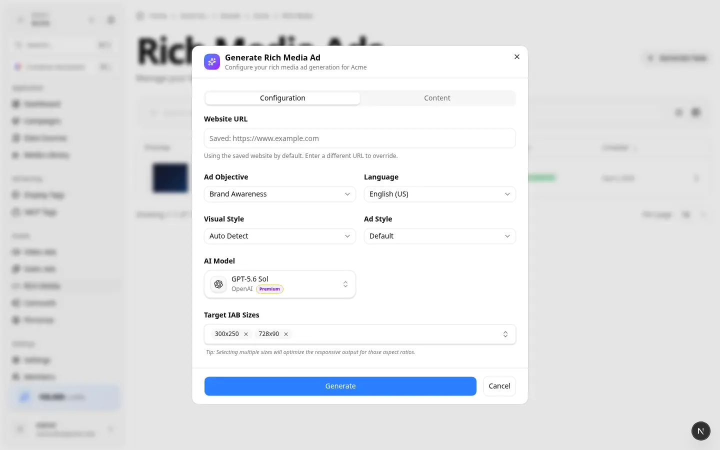 Brand Generate Rich Media Ad dialog Generate Rich Media Ad dialog with Ad Style and IAB sizes