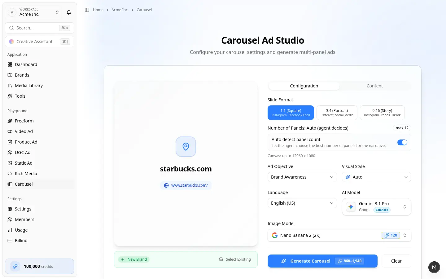 Carousel Playground — Carousel Ad Studio Carousel Ad Studio with slide format and panel controls