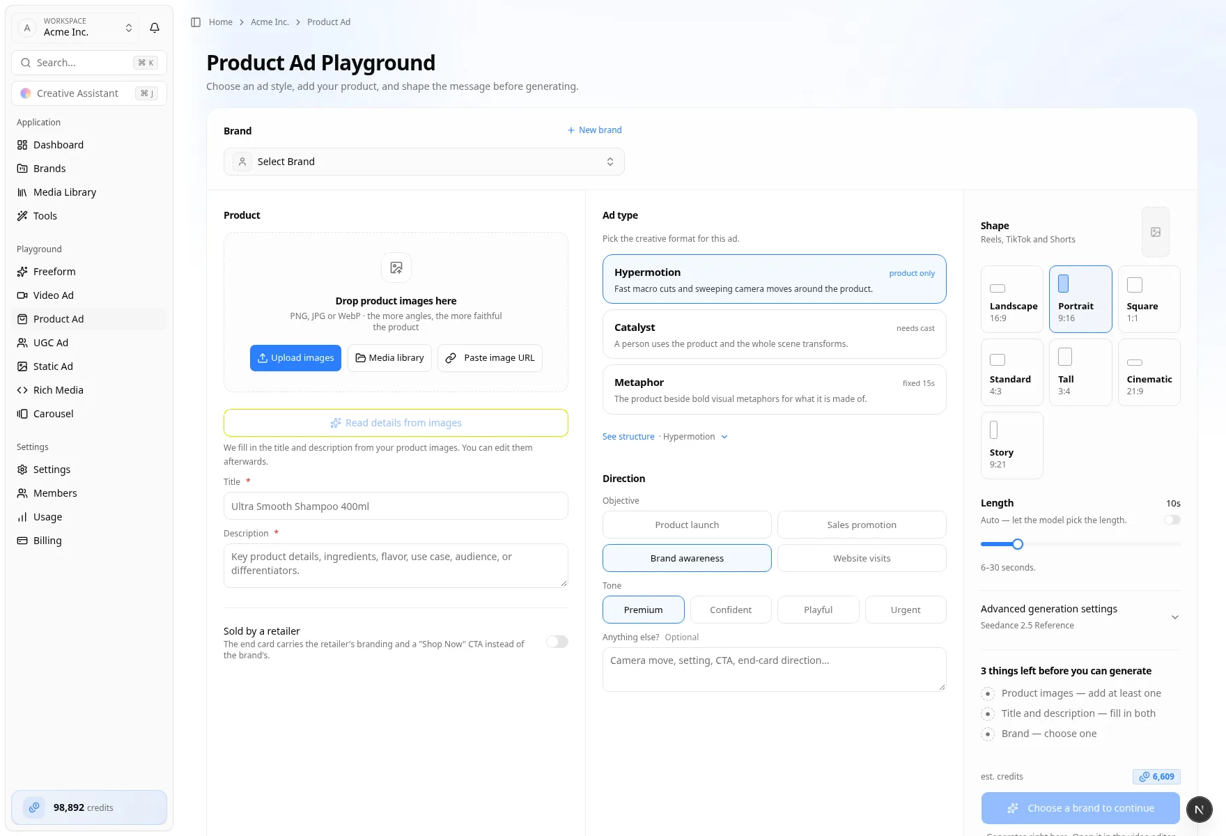 Product Ad Playground — studio Product Ad Playground with product photos, ad type, and shape