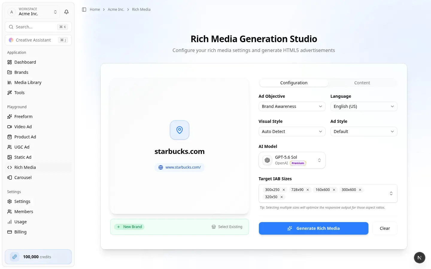Rich Media Playground — Generation Studio Rich Media Generation Studio with Configuration and Content tabs