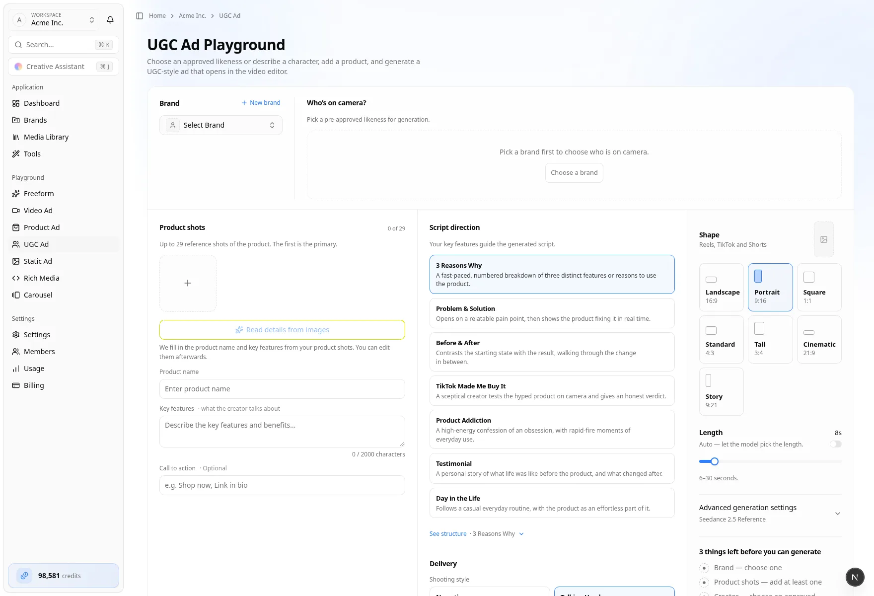 UGC Ad Playground — studio UGC Ad Playground with brand and creator band, product shots, and script direction